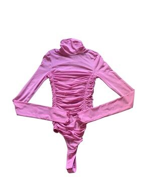 Free People Pink Mesh Ruched Bodysuit XS Sheer Long Sleeve Y2K